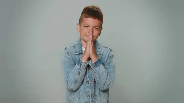 Please God Help Toddler Boy Praying Looking Upward Making Wish — Fotografia de Stock