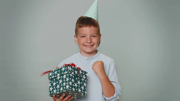 Cheerful Toddler Kid Boy Opening Gift Box Smiling Joyfully Looking — Fotografia de Stock
