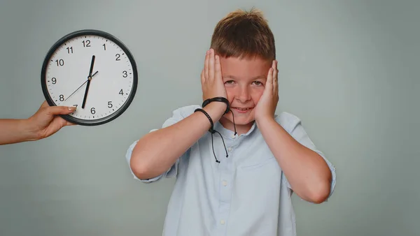 Portrait Toddler Kid Boy Anxiety Checking Time Clock Running Late — 图库照片