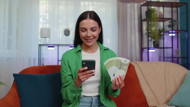 Planning Family Budget Smiling Happy Girl Counting Money 100 Euro — Stock videók