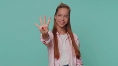 Countdown to holiday birthday celebration. Pretty teen young girl counting in reverse order from five to one. Student child kid celebrate. Win scream, winner gesture. Happy New Year Merry Christmas