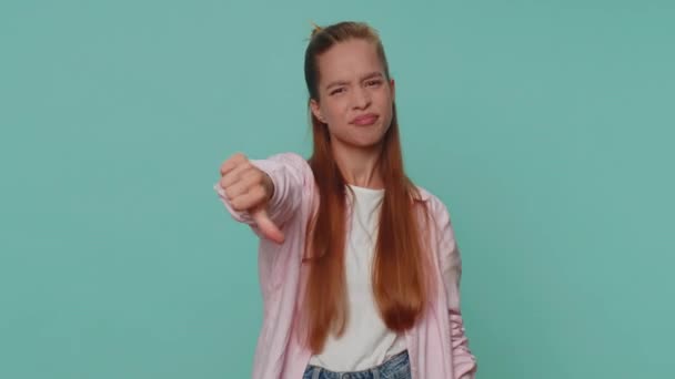 Upset Lovely Pretty Teenager Girl Showing Thumbs Sign Gesture Expressing — Wideo stockowe