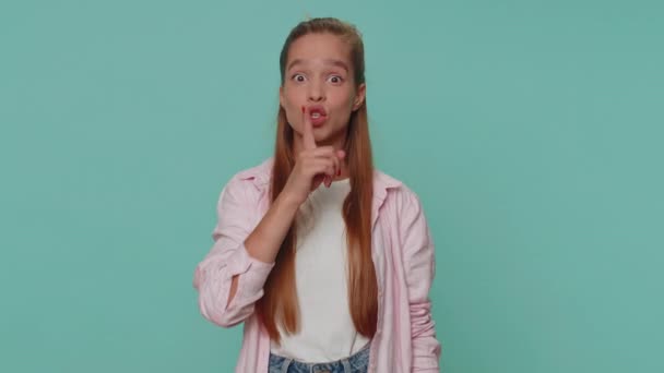 Shh Quiet Please Pretty Teenager Scared Girl Presses Index Finger — Vídeo de Stock