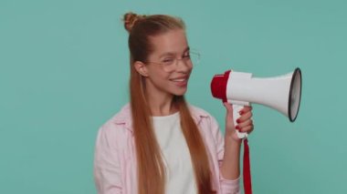Pretty teen girl talking with megaphone, proclaiming news, loudly announcing advertisement, warning using loudspeaker to shout speech. Child kid scream in megaphone announces discounts sale Hurry up