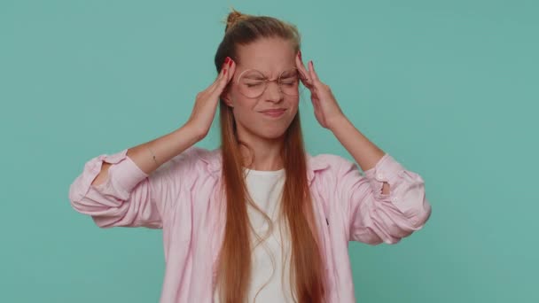 Displeased Teenager Young Girl Rubbing Temples Cure Headache Problem Suffering — Stock videók