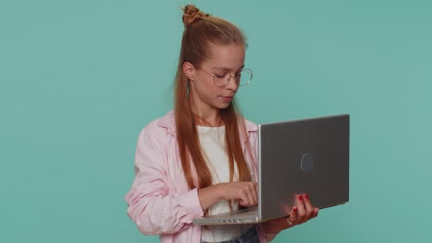 Girl Working Online Laptop Finishing Work Showing Thumb Camera Positive — Stockvideo