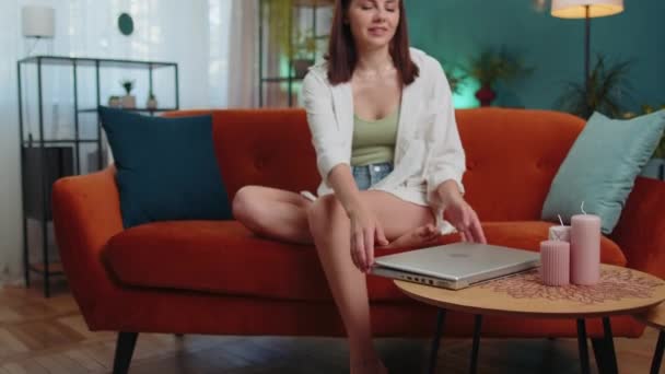 Lovely Adult Girl Freelancer Enters Home Living Room Sits Orange — Vídeo de Stock
