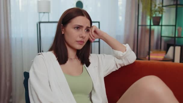 Portrait Sad Girl Sitting Home Looks Pensive Thinks Life Concerns — Stock videók