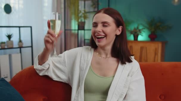 Happy Caucasian Girl Hold Glass Champagne Cheering Drinking Celebrate Success — Stockvideo