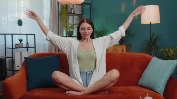 Keep Calm Relax Inner Balance Adult Girl Breathes Deeply Mudra — Stockvideo