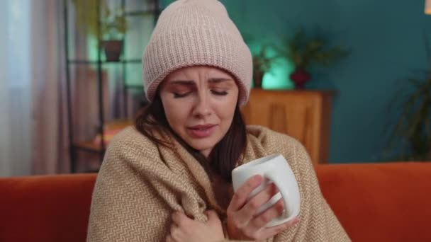 Sick Girl Wear Hat Wrapped Plaid Sit Alone Shivering Cold — Vídeo de stock