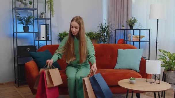 Portrait Caucasian Teen Girl Happy Shopaholic Consumer Came Back Home — Vídeo de Stock