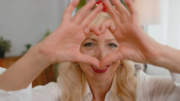 Love You Senior Grandmother Makes Symbol Love Showing Heart Sign — Zdjęcie stockowe