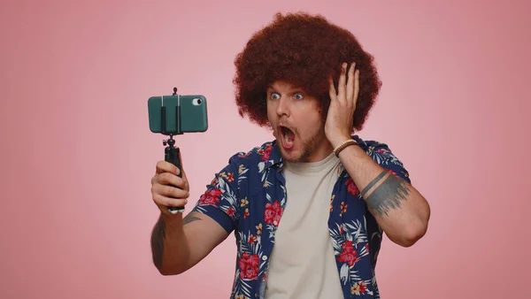 Wow Reaction Impressed Man Blogger Taking Selfie Mobile Phone Selfie — ストック写真