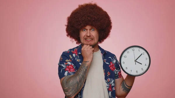 Confused Young Man Anxiety Checking Time Clock Running Late Work — Fotografia de Stock