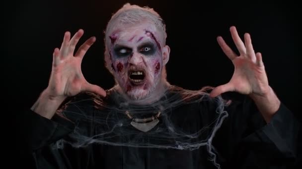 Strašidelný Muž Krvavými Jizvami Tvář Halloween Stylový Zombie Make Děsivý — Stock video