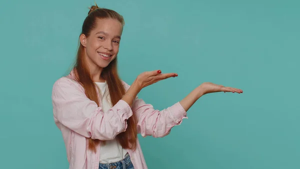 Lovely Pretty Teenager Girl Showing Thumbs Pointing Right Empty Place — Fotografia de Stock