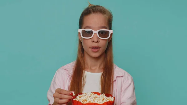 Excited Teenager Girl Eating Popcorn Watching Interesting Serial Sport Game — Stock fotografie