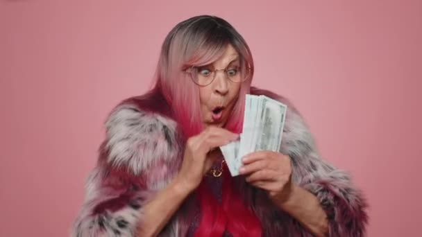 Rich Pleased Boss Stylish Woman Waving Money Dollar Cash Banknotes — Stock Video