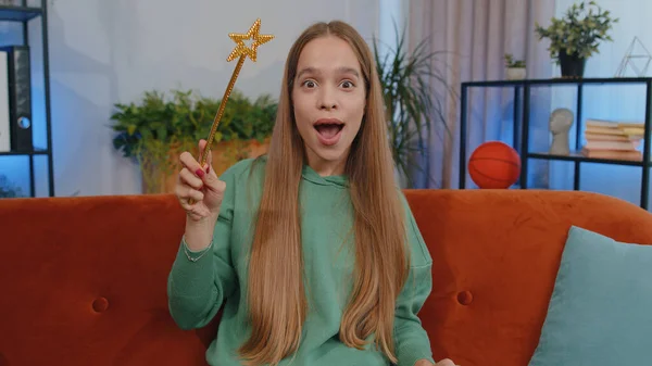 Portrait Student Girl Child Kid Magician Wizard Gesturing Magic Wand — 스톡 사진