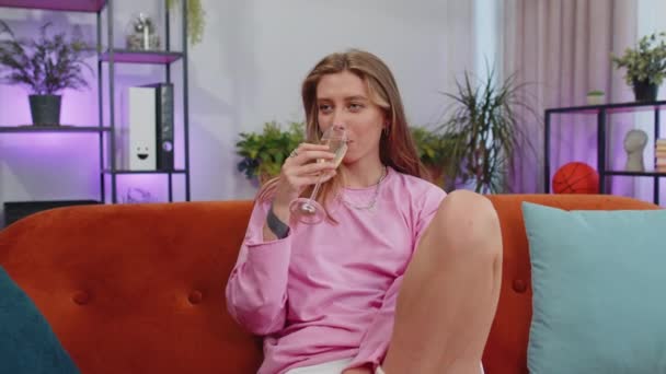 Joyful Caucasian Girl Hold Glass Champagne Cheering Drinking Celebrate Success — Stok Video