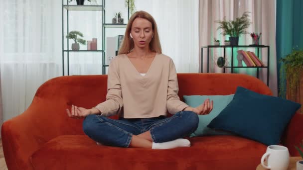Keep Calm Relax Inner Balance Adult Girl Breathes Deeply Mudra — Stock video