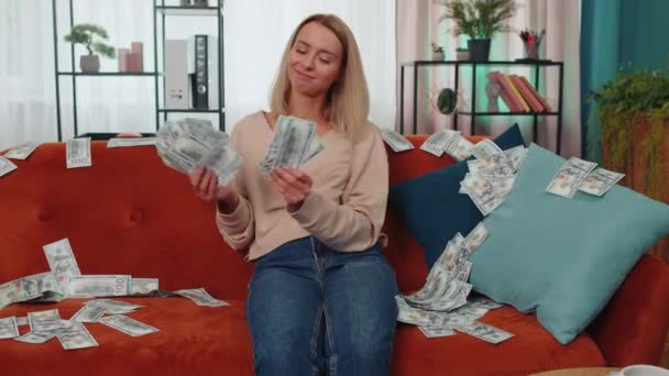 Successful Happy Rich Business Woman Girl Counting Money Cheering High — Stock Video