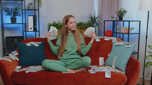 Successful Happy Rich Business Woman Girl Counting Money Cheering High — Video Stock