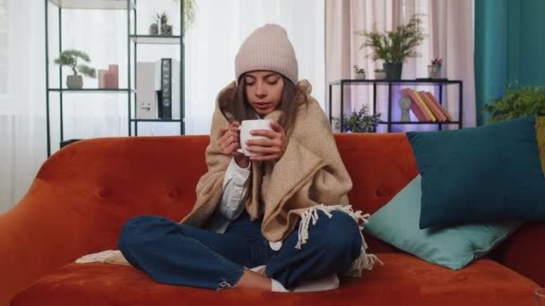 Sick Girl Wear Hat Wrapped Plaid Sit Alone Shivering Cold — Vídeo de stock