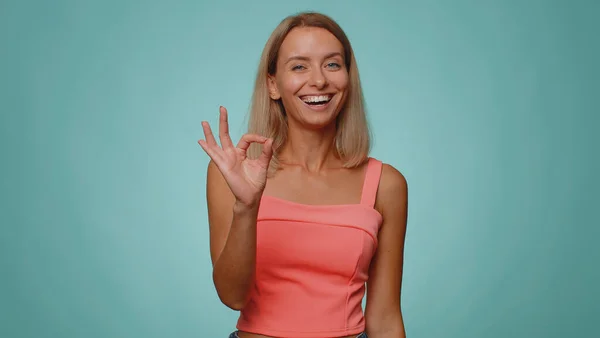 Joyful Happy One Woman Crop Top Looking Approvingly Camera Showing — Stock Photo, Image