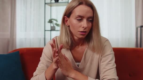 Portrait Sad Girl Sitting Home Looks Pensive Thinks Life Concerns — Stock Video