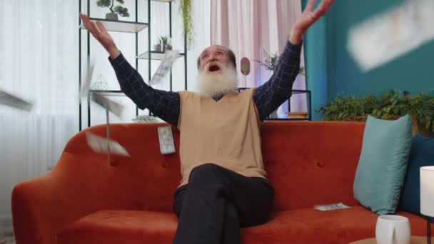 Money Cash Dollar Rain Falling Senior Grandfather Man Celebrating Success — Stock Video