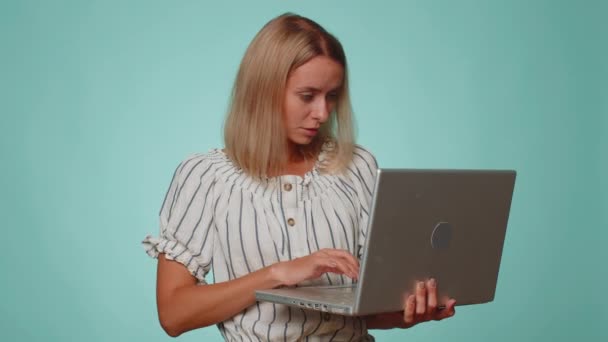 Excited Happy Tourist Woman Typing Laptop Computer Working Project Enjoying — Stock Video