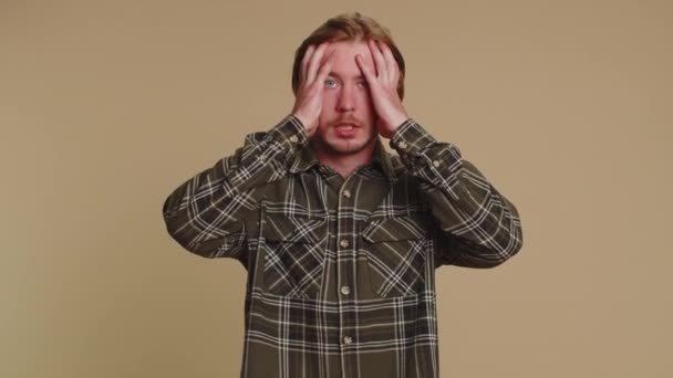 Stressed Depressed Adult Man Years Old Green Shirt Expresses His — Stock Video