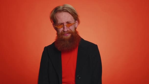 Upset Disappointed Redhead Bearded Man Wipes Tears Cries Despair Being — Stock Video