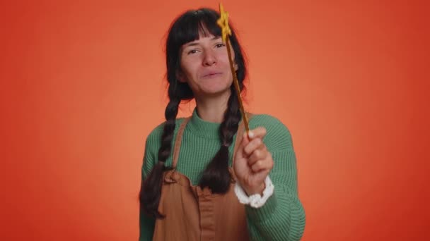 Magician Wizard Woman Gesturing Magic Wand Fairy Stick Making Wish — Stock Video