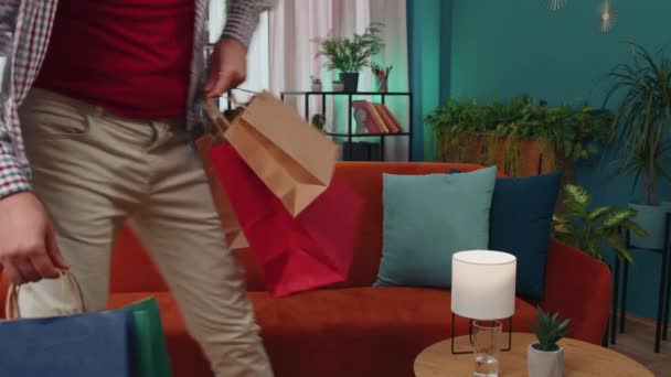 Portrait Caucasian Adult Man Happy Shopaholic Consumer Came Back Home — Stok video