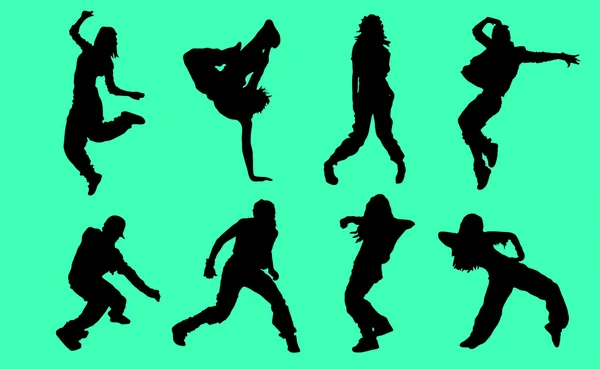 Siluetas de bailarines de Hip Hop - Ilustración — Vector de stock