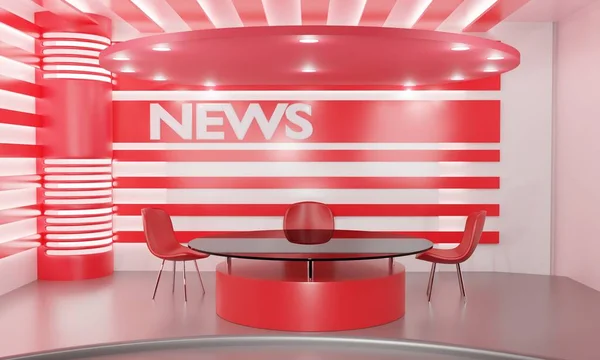 Kırmızı Masa Neon Işıklı Arka Planda Bir Haber Stüdyosu Görüntüleme — Stok fotoğraf