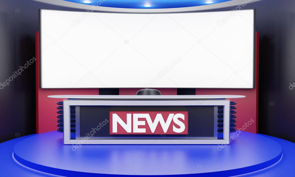 white table and lcd background in a news studio room.3d rendering.