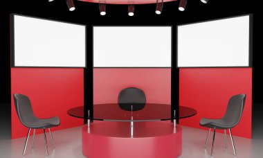 Kırmızı masa, neon ışıklı arka planda bir haber stüdyosu 3D görüntüleme odasında..