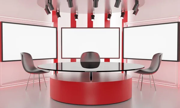 Czerwony Stół Stoisku Neonowym Tle Światła Pokoju Studio Wiadomości Renderowania — Zdjęcie stockowe