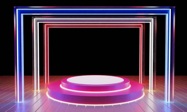 Red Podium Colorful Neon Light Red Room Rendering — Stock Photo, Image