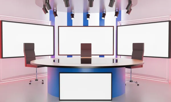 Holztisch Auf Ständer Mit Led Bildschirmhintergrund Einem Nachrichtenstudio Raum Rendering — Stockfoto