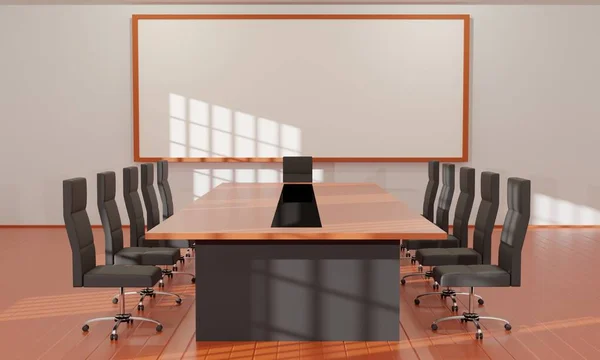 Dřevěné Stoly Židle Bílou Deskou Zasedací Místnosti Vykreslování — Stock fotografie
