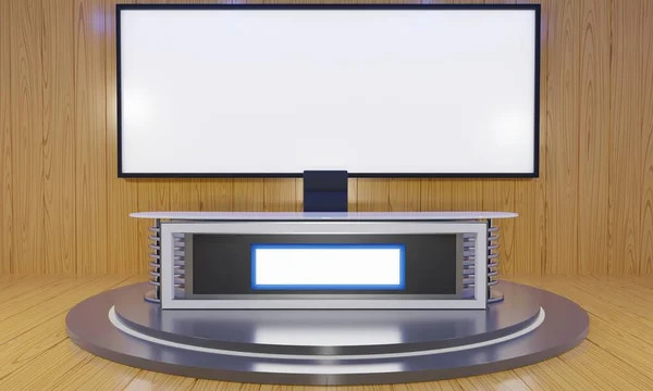 White Table Stand Led Screen Background Wooden News Studio Room — Photo