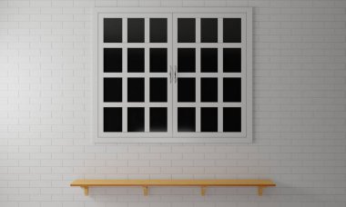 ahşap raf ve beyaz pencereler beyaz tuğla 3D duvarda.