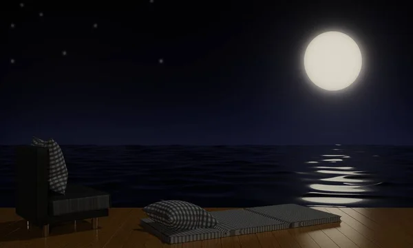 Landskap Trägolv Stranden Fullmåne Natt — Stockfoto