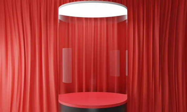Стеклянный Подиум Красным Занавесом Студии Room Рендеринга — стоковое фото