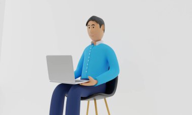 Beyaz arka planda dizüstü bilgisayarı olan adam..